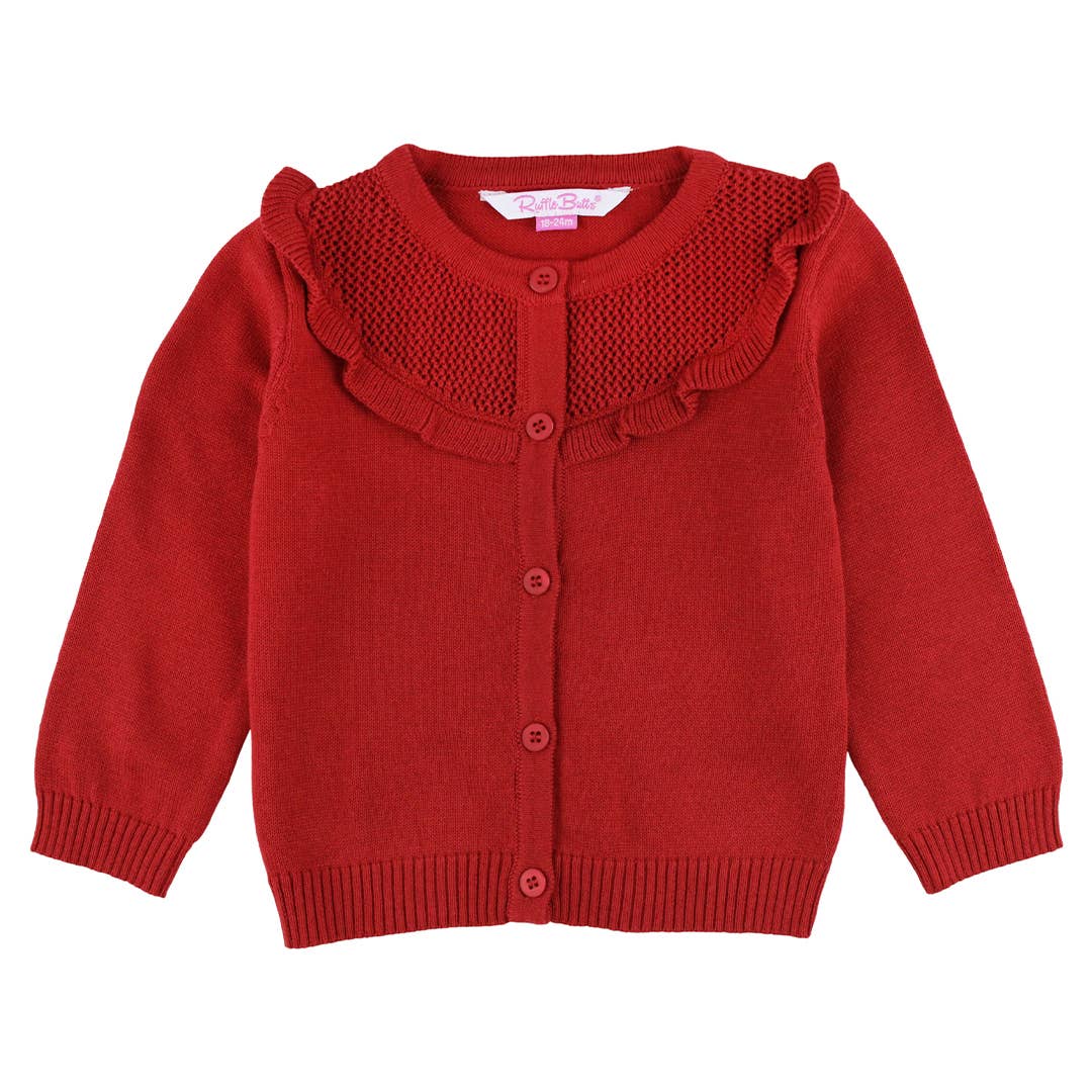 Classic Red Sweater Knit Ruffle Trim Cardigan