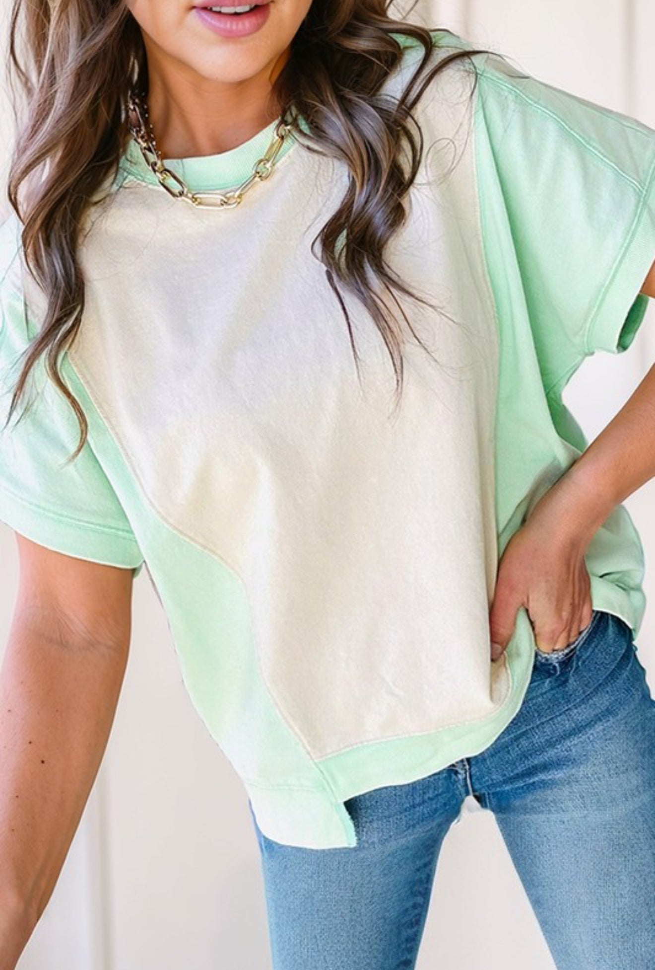 Colorblock Patchwork Crewneck Top: 2 colors PREORDER