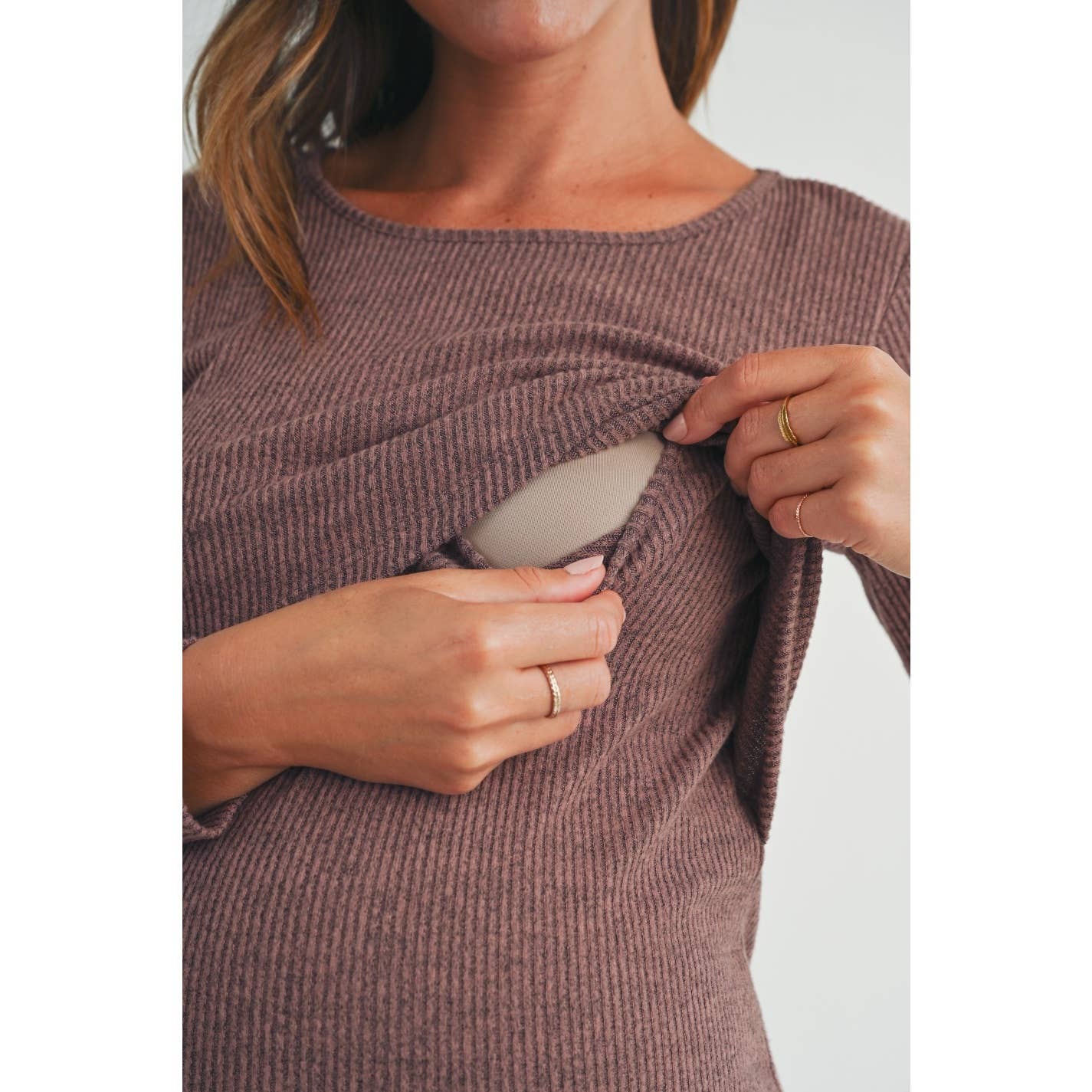 Ribbed Long Sleeve Maternity Nursing Knit Top: Mauve
