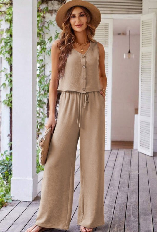 Button Vest & Drawstring Wide Leg Set 2 Colors: PREORDER