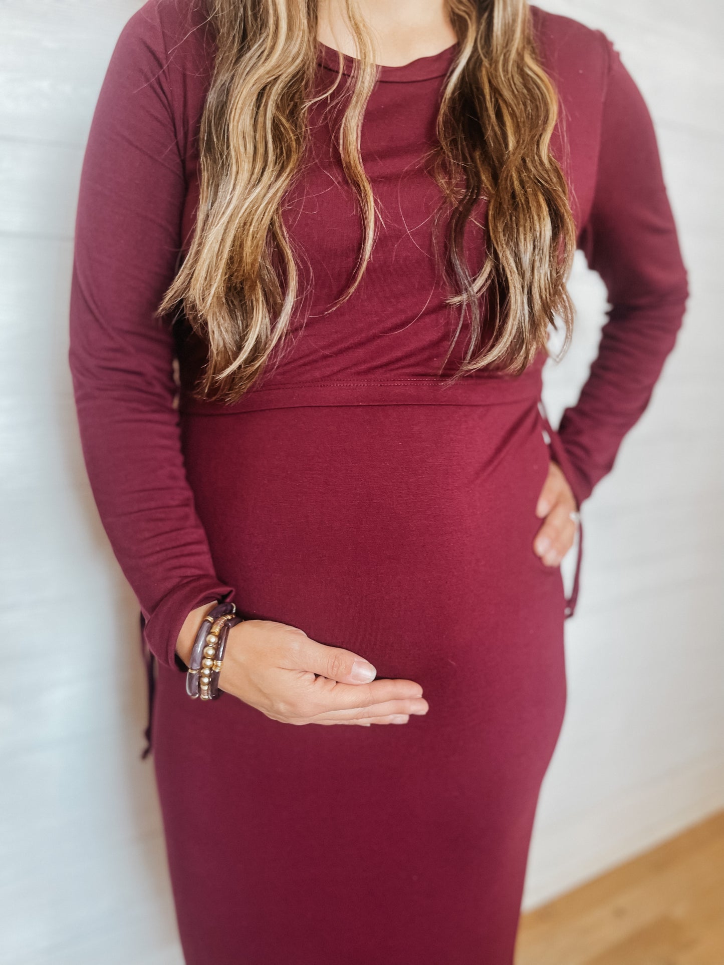 Maternity/Nursing Midi Dress: Burgundy