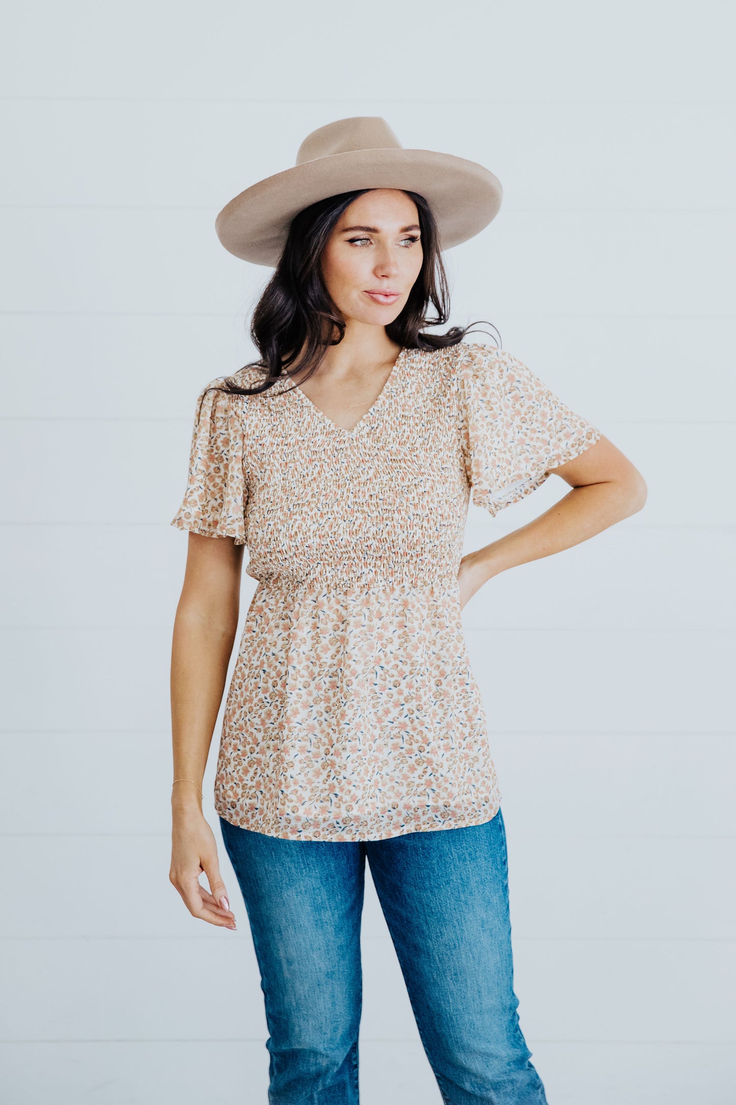 Floral Smocked Blouse in Blush Blossom