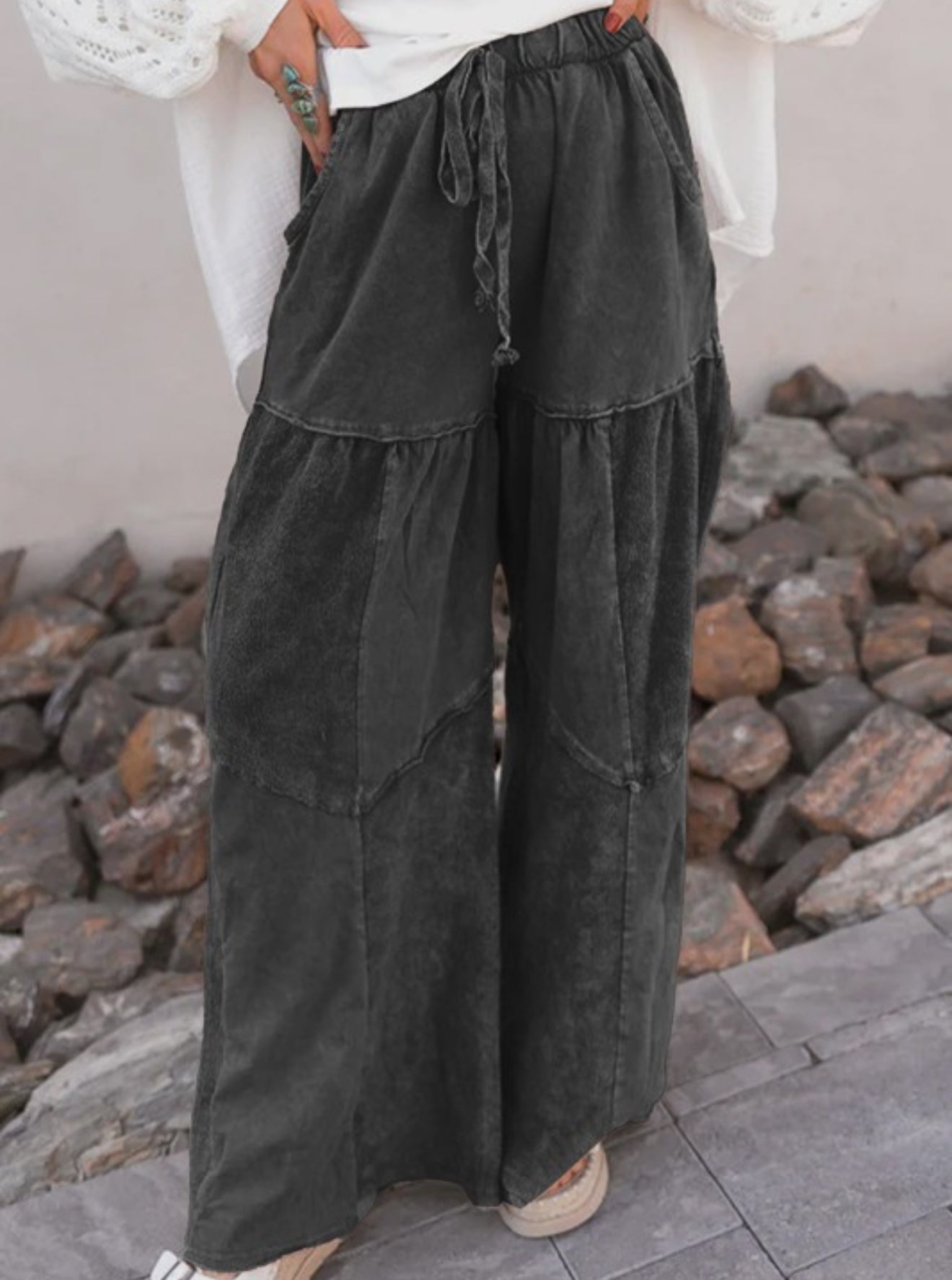 PREORDER: mineral washed tiered wide leg pants