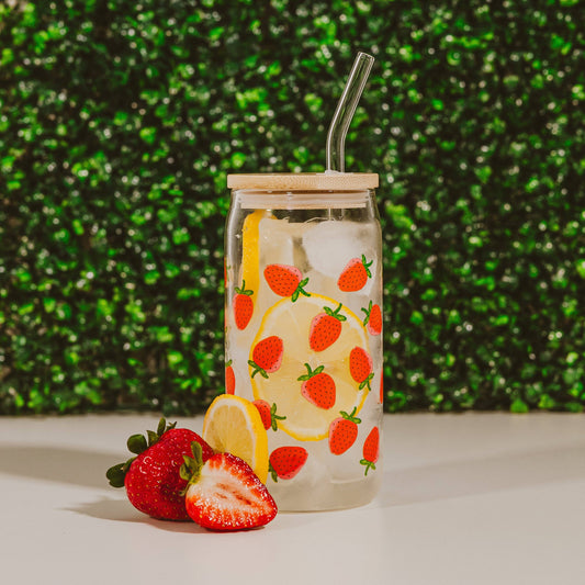Strawberry 17oz Can Glass w/ Straw and Lid