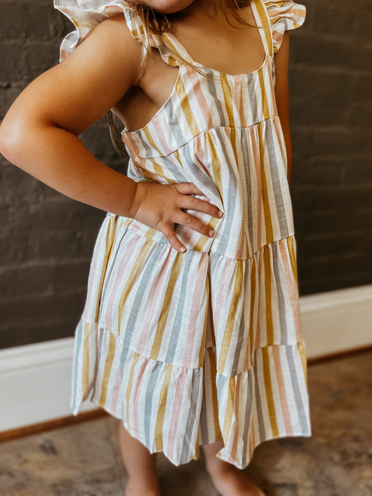 Multicolored Stripe Tiered Ruffle Linen dress