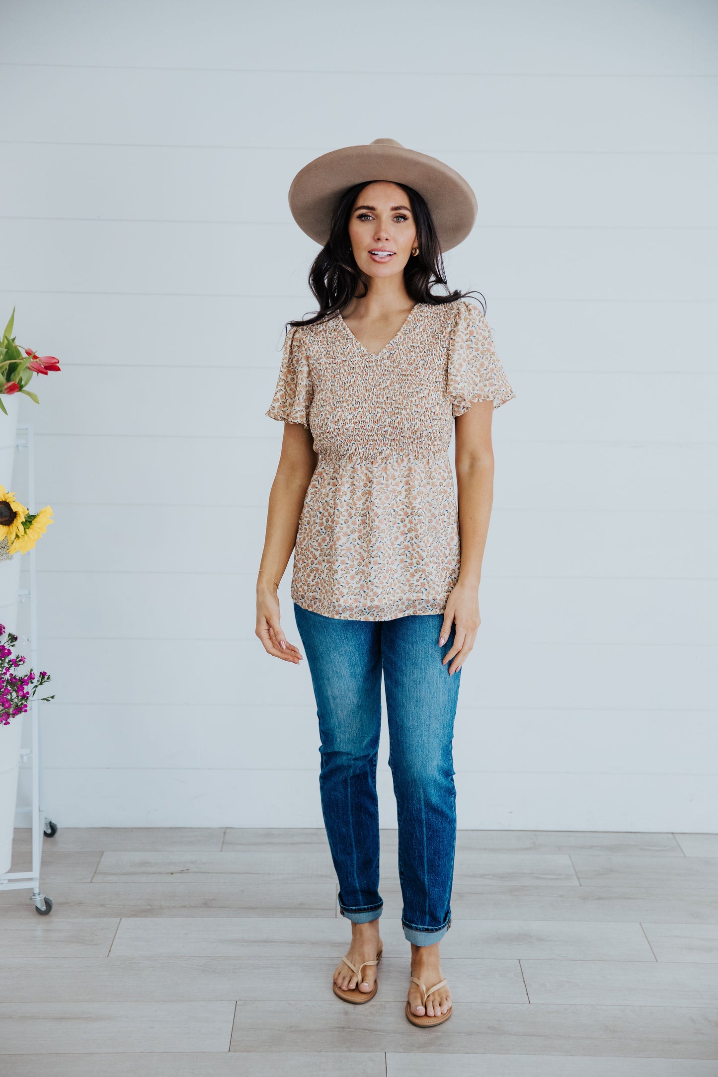Floral Smocked Blouse in Blush Blossom