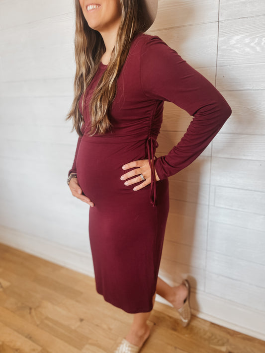 Maternity/Nursing Midi Dress: Burgundy