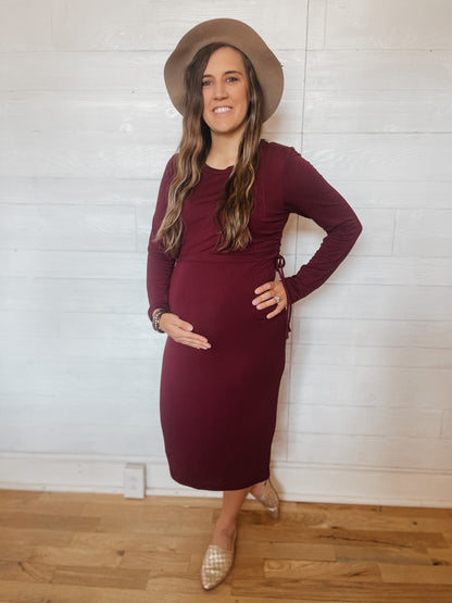 Maternity/Nursing Midi Dress: Burgundy