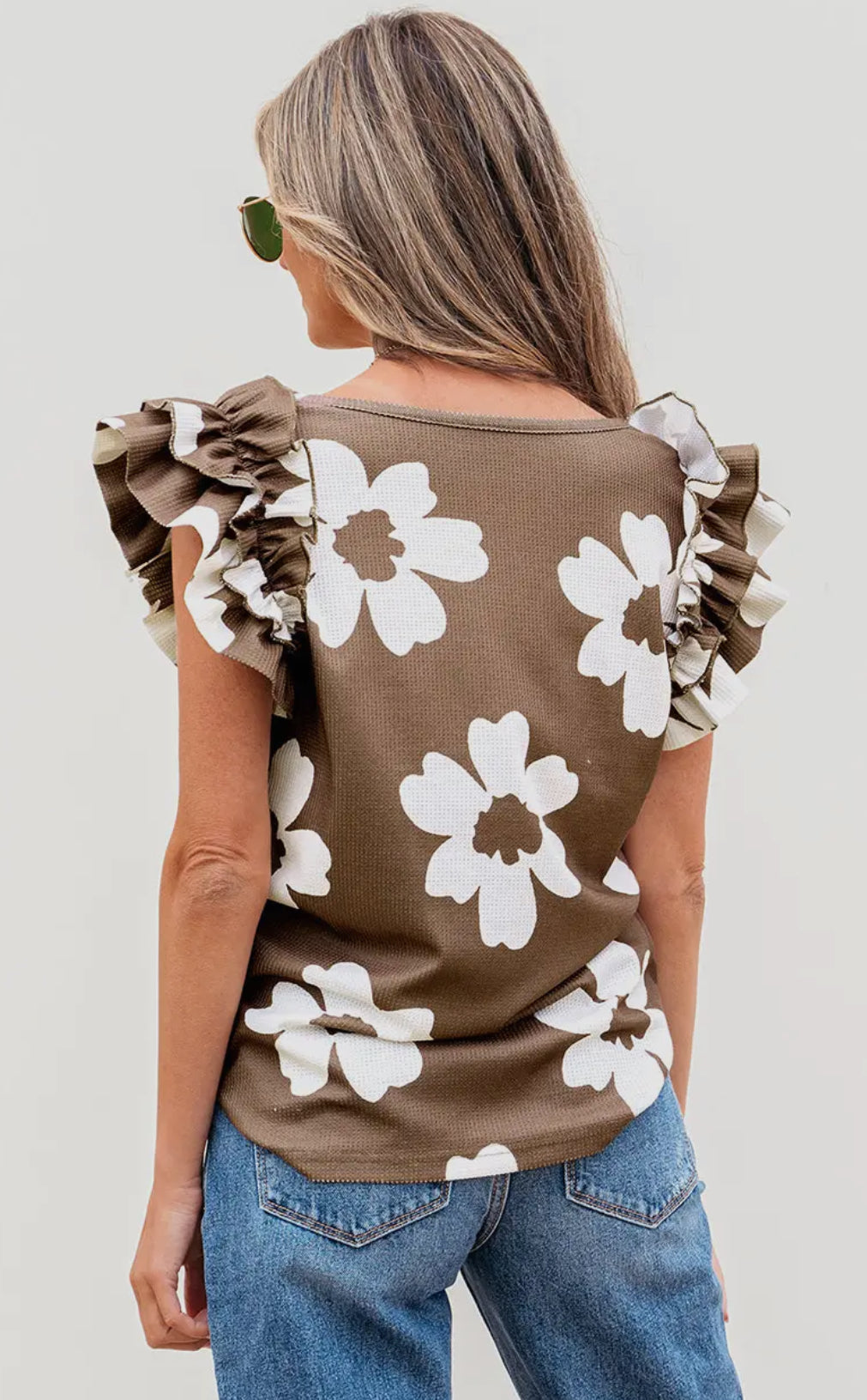 PREORDER: Floral Waffle Knit Ruffle Sleeve Top