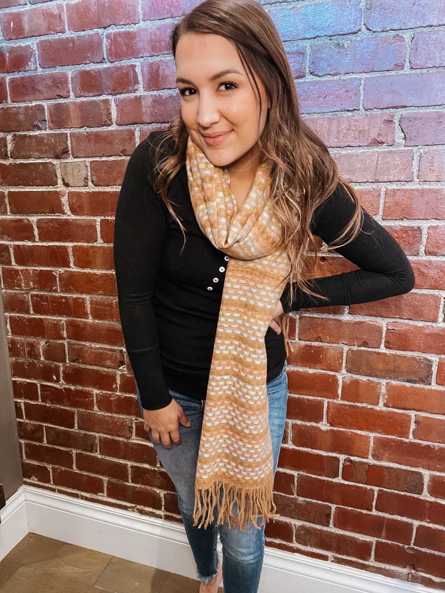 Stitched Fringe Oblong Scarf: Brown