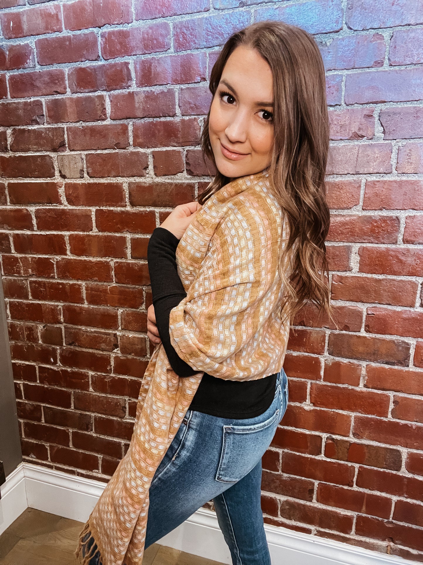 Stitched Fringe Oblong Scarf: Brown