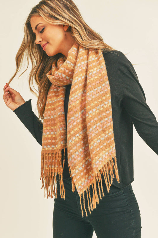 Stitched Fringe Oblong Scarf: Brown
