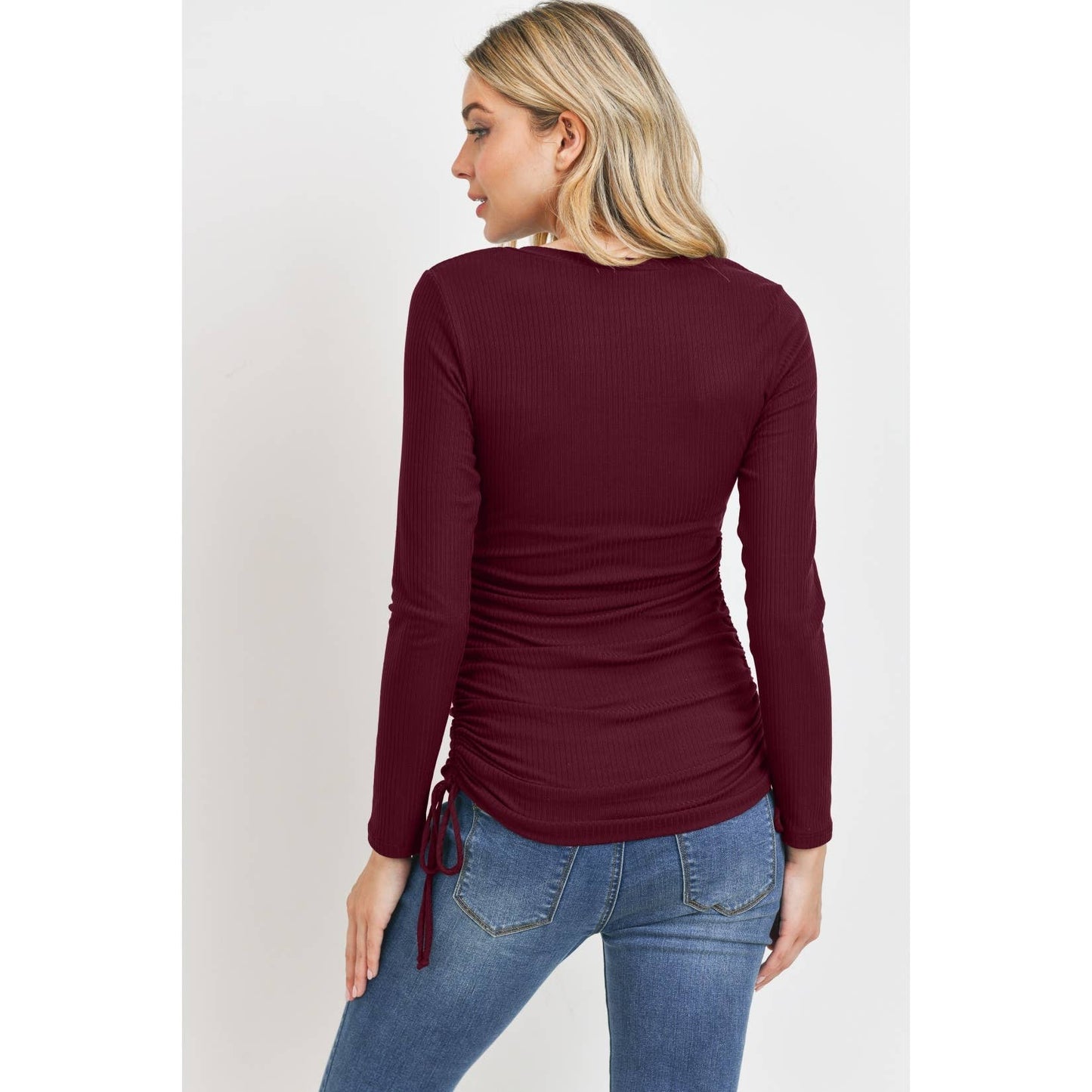 Long Sleeve Adjustable Ribbed Maternity Top: Burgundy