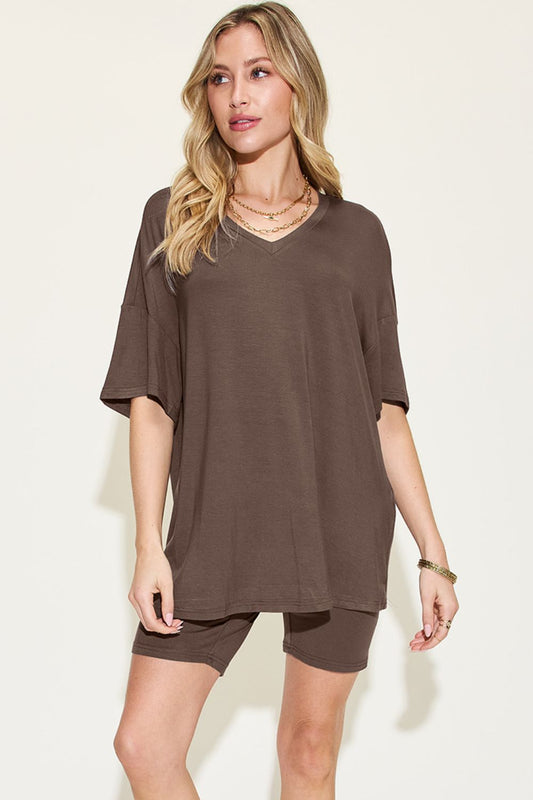 Basic Bae Full Size V-Neck Drop Shoulder T-Shirt and Shorts Set{7 colors}