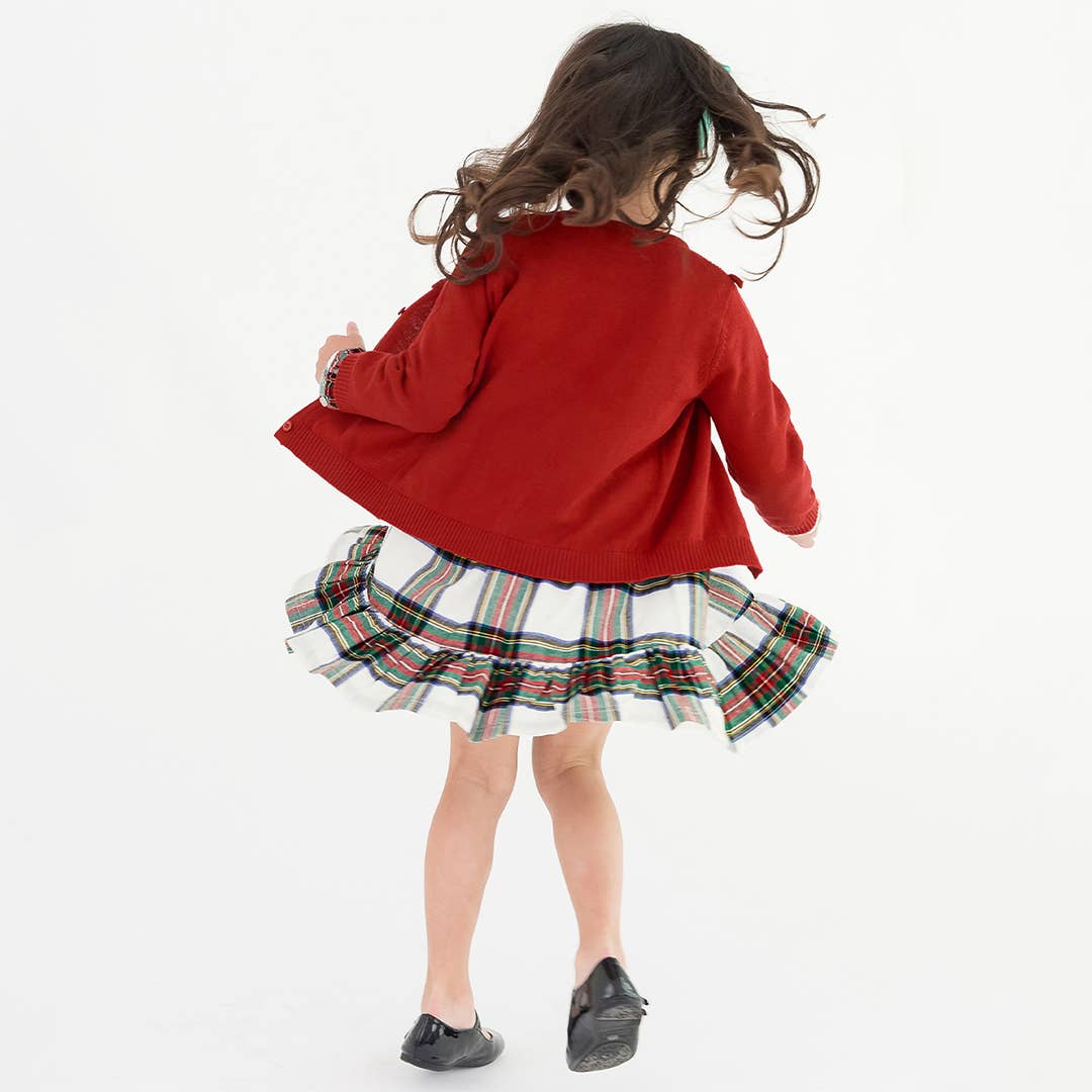 Classic Red Sweater Knit Ruffle Trim Cardigan