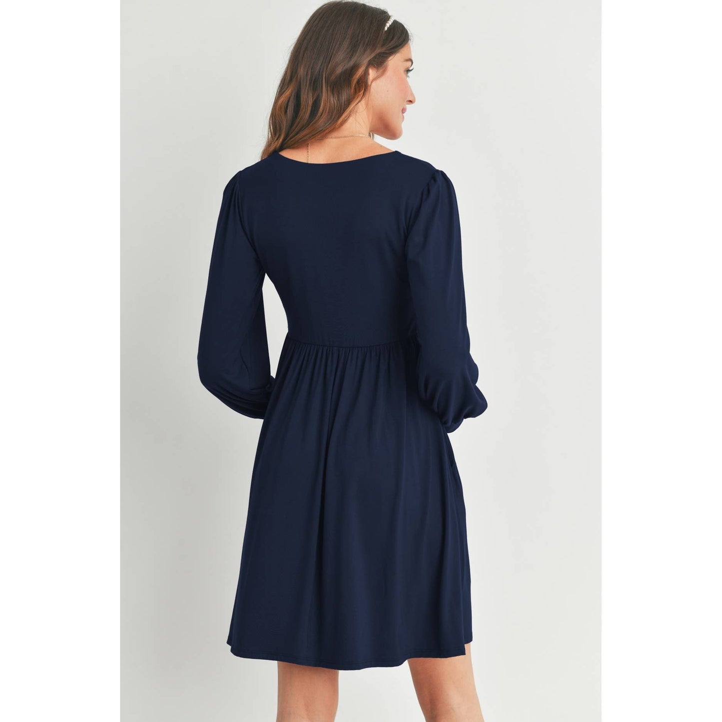 U Neck Puff Sleeve Maternity Dress with Pockets: Navy