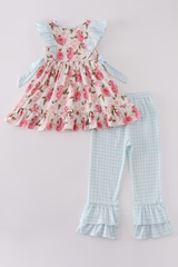 Pink Floral + Blue Gingham Ruffle Set