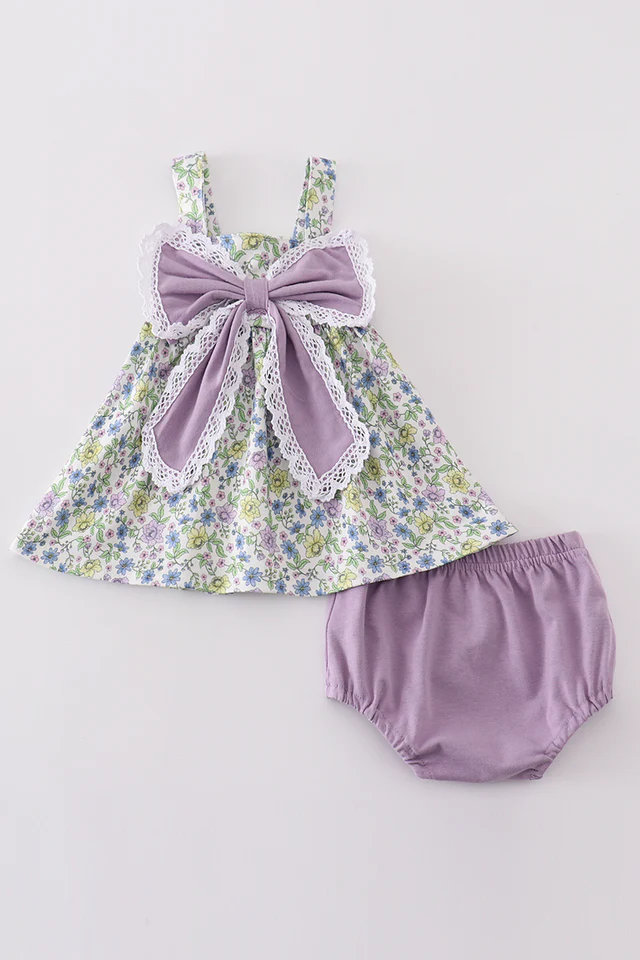 Purple Floral Bow Bloomer Set