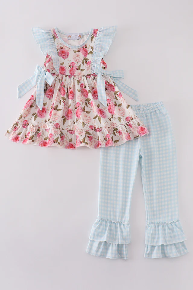 Pink Floral + Blue Gingham Ruffle Set