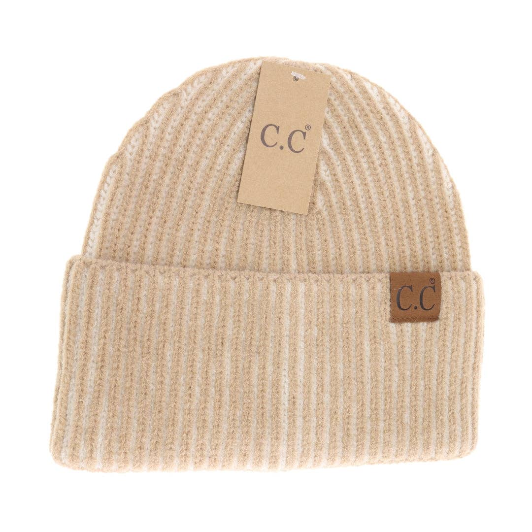 Women's Contrasting Striped Cuff C.C Beanie: Camel