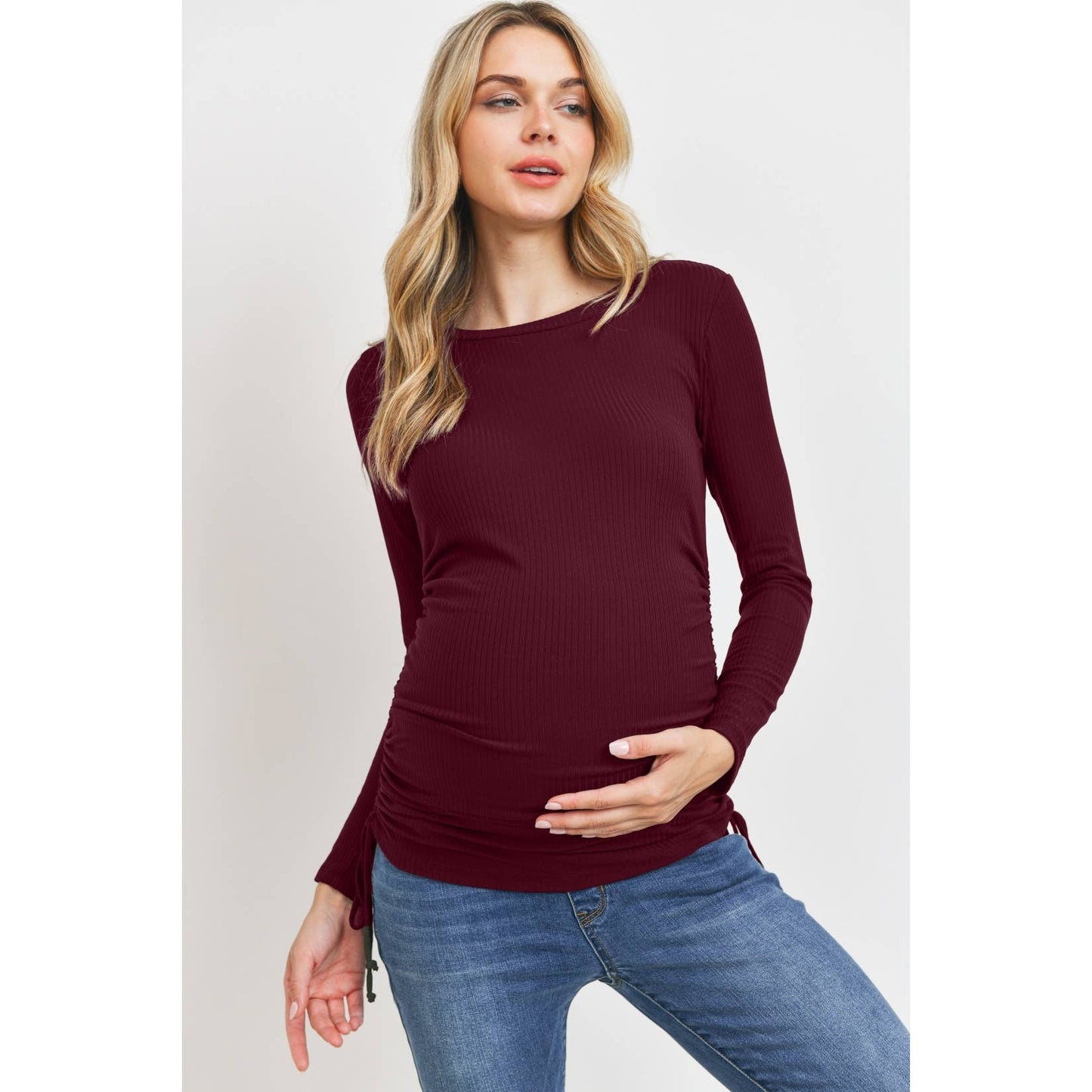 Long Sleeve Adjustable Ribbed Maternity Top: Burgundy