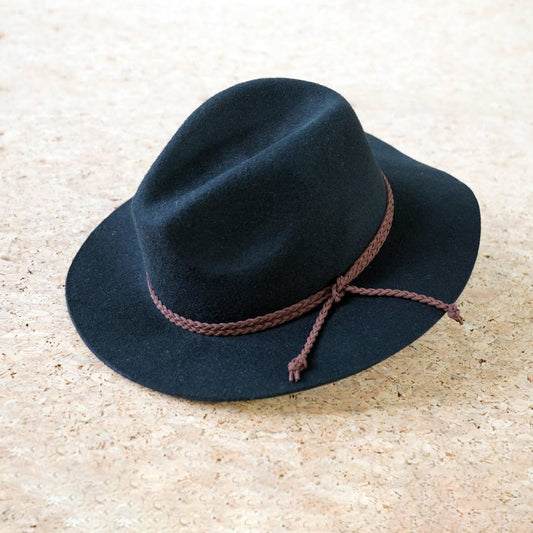 Wool Felt Braided Strap Fedora Hat: Black