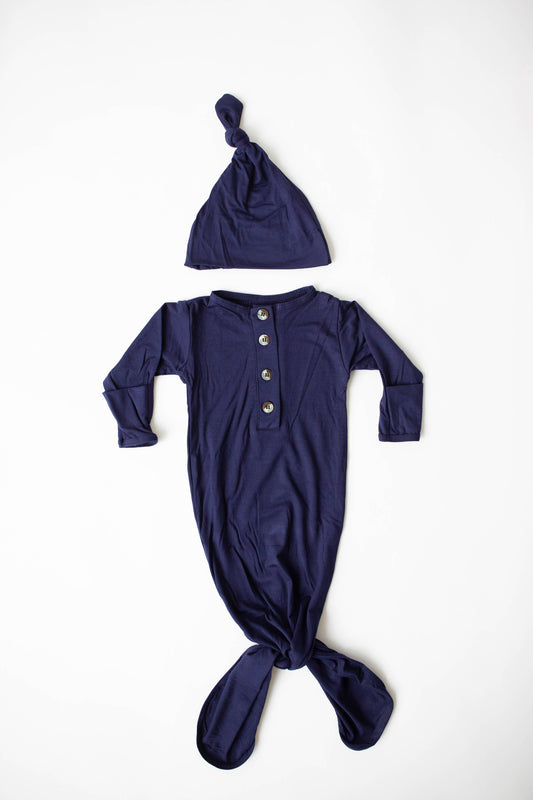 Knotted Baby Gown and Hat Set- Navy Blue