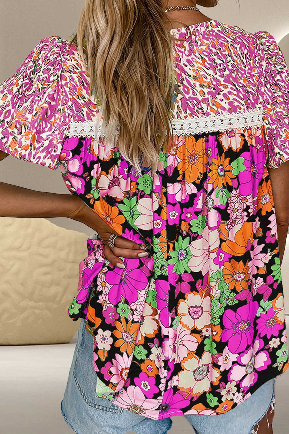 Printed Round Neck Puff Sleeve Blouse