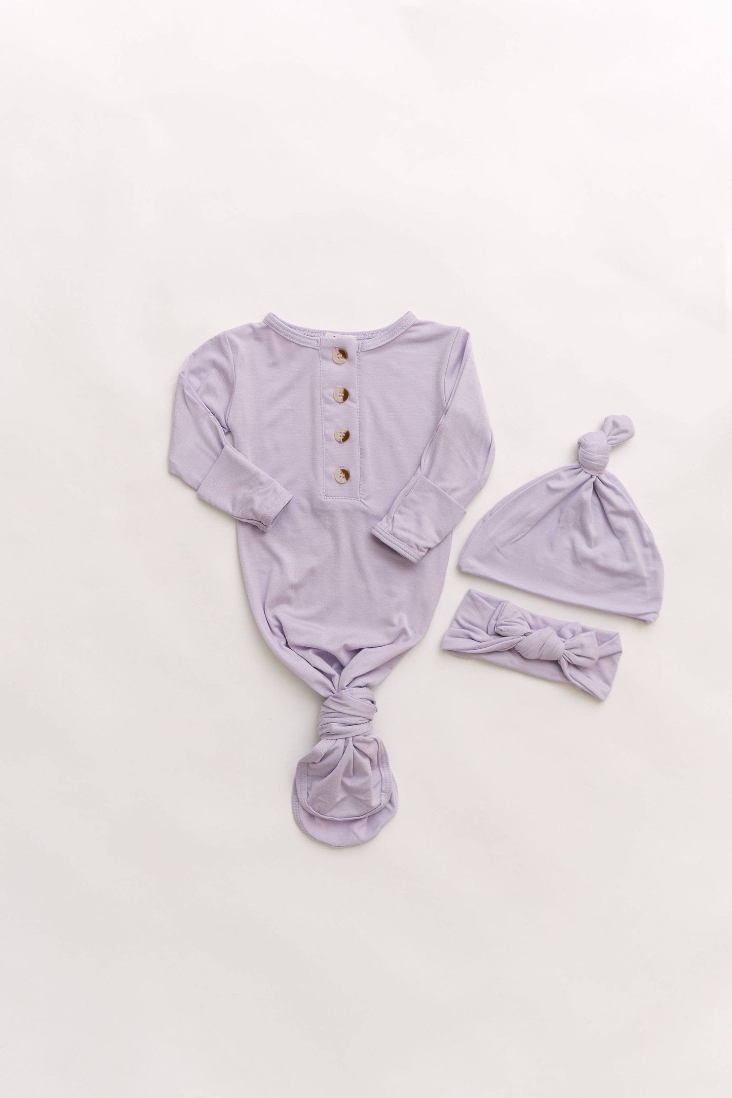 Knotted Baby Gown, Hat & Headband Set- Lavender