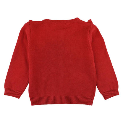 Classic Red Sweater Knit Ruffle Trim Cardigan