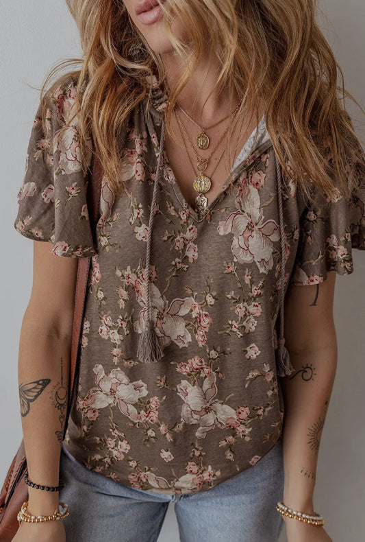 Brown Floral Flutter Sleeve Top