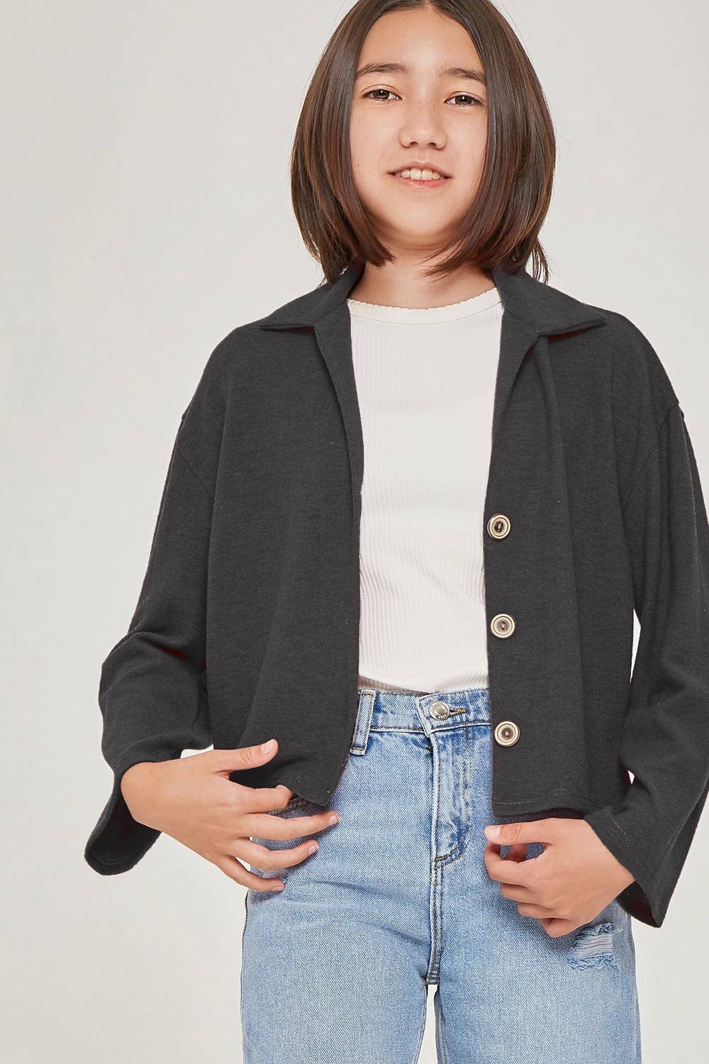 Solid Brush Knit Collar Button Cardigan: Charcoal
