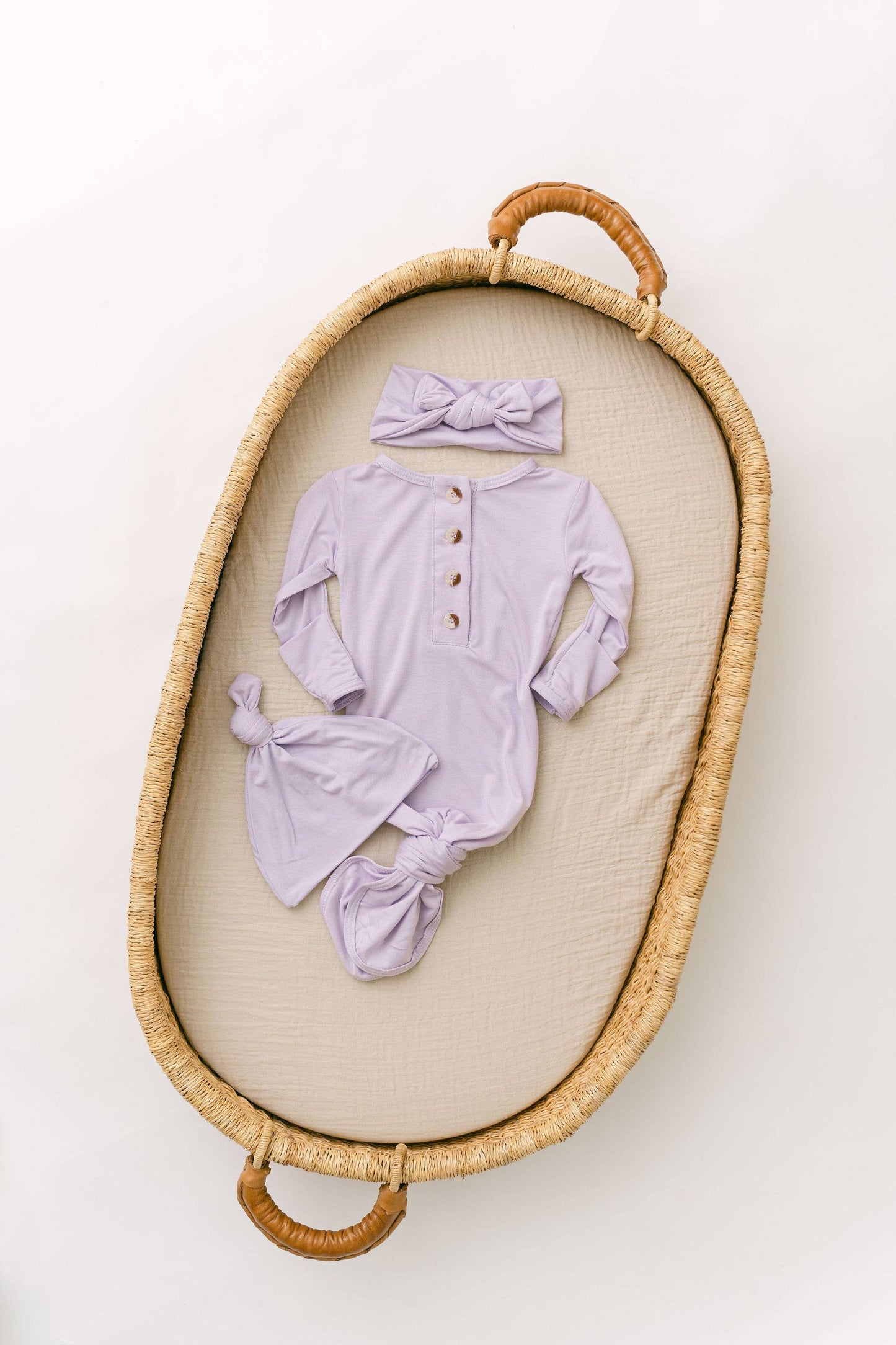 Knotted Baby Gown, Hat & Headband Set- Lavender