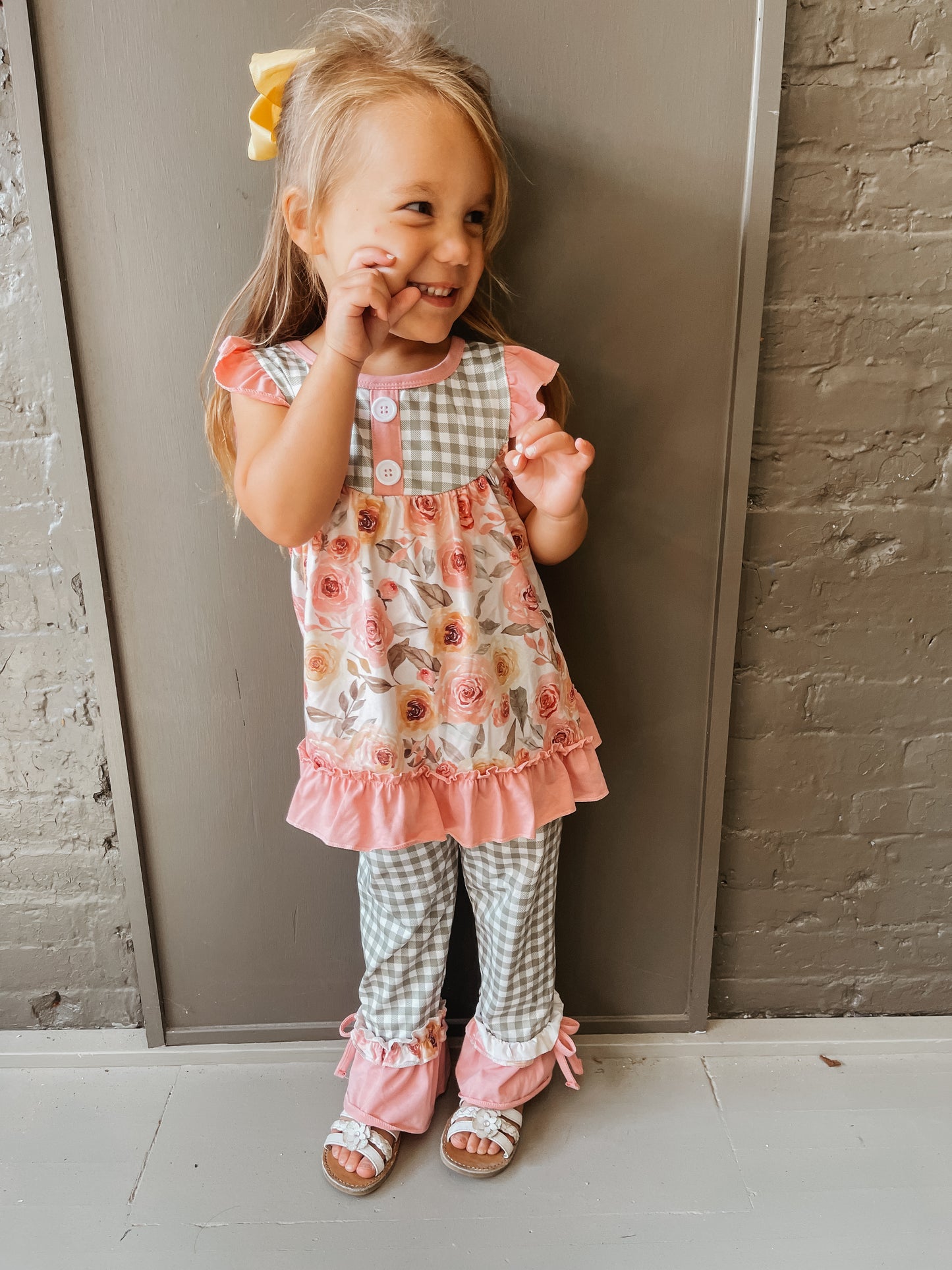 Pink & Sage Floral Ruffle Pants Set