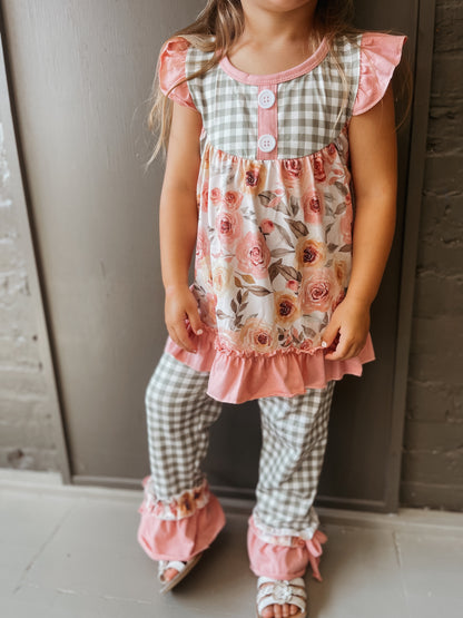 Pink & Sage Floral Ruffle Pants Set