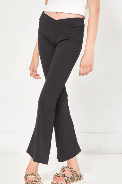 Crossover Waist Ribbed Flare Pants: Black