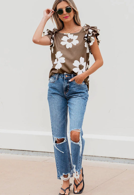 PREORDER: Floral Waffle Knit Ruffle Sleeve Top