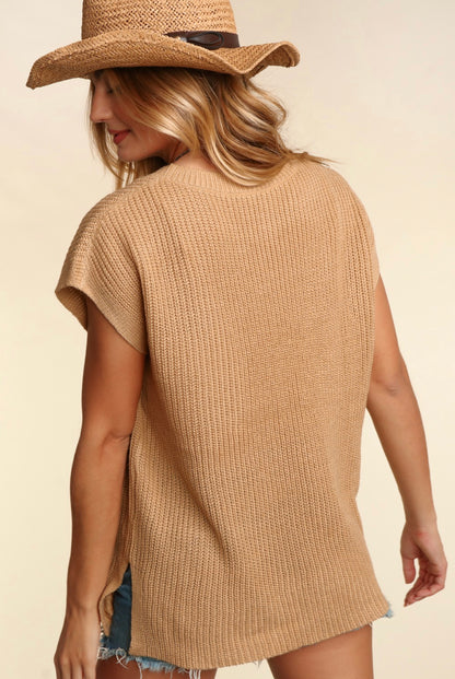 Lightweight Short Sleeve Sweater Tops: Tan