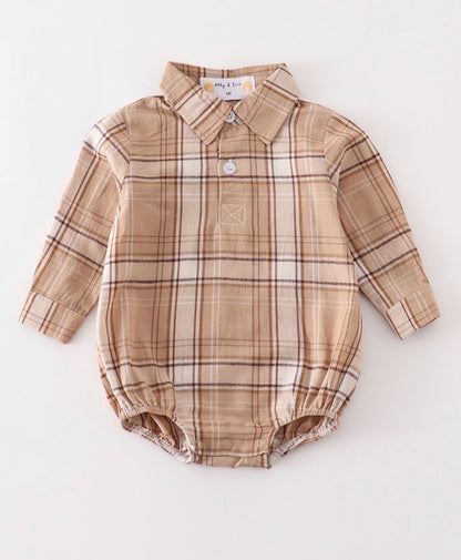 Khaki Plaid Boys Baby Romper