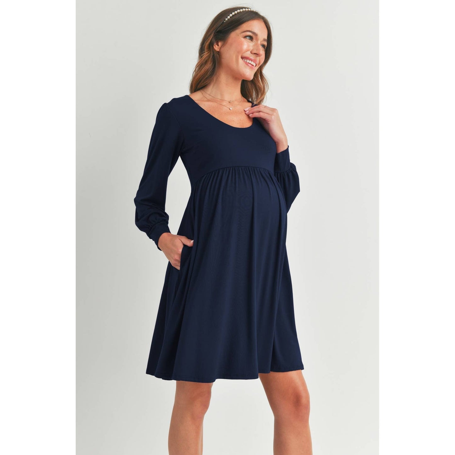U Neck Puff Sleeve Maternity Dress with Pockets: Navy