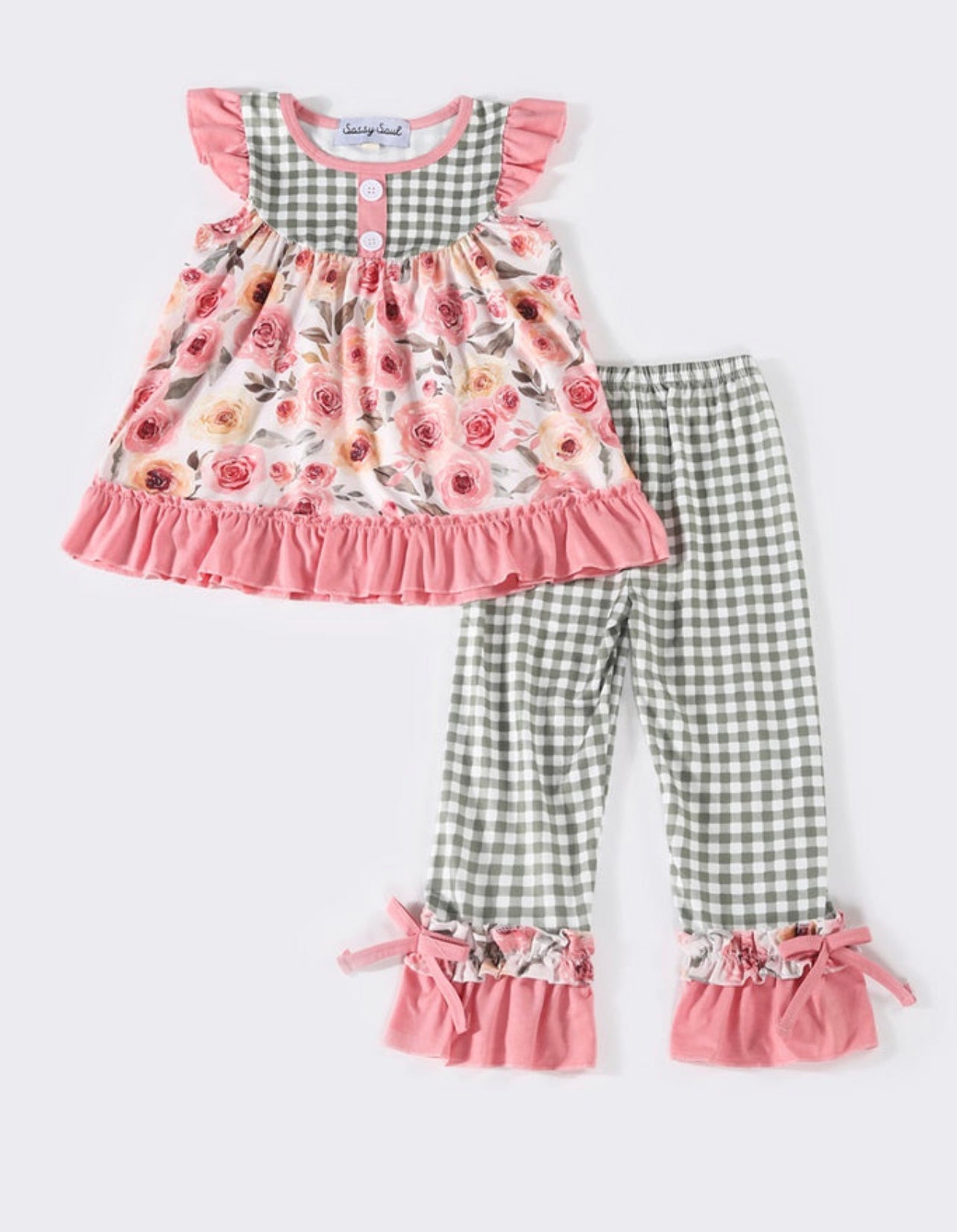 Pink & Sage Floral Ruffle Pants Set