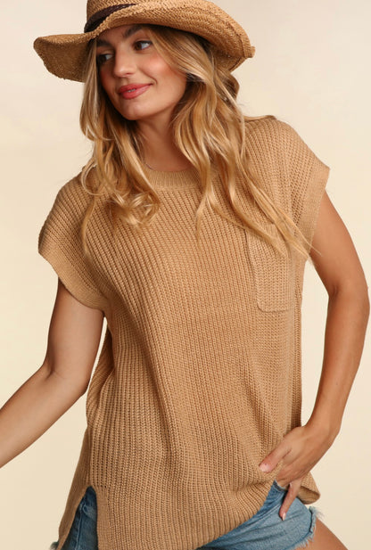 Lightweight Short Sleeve Sweater Tops: Tan