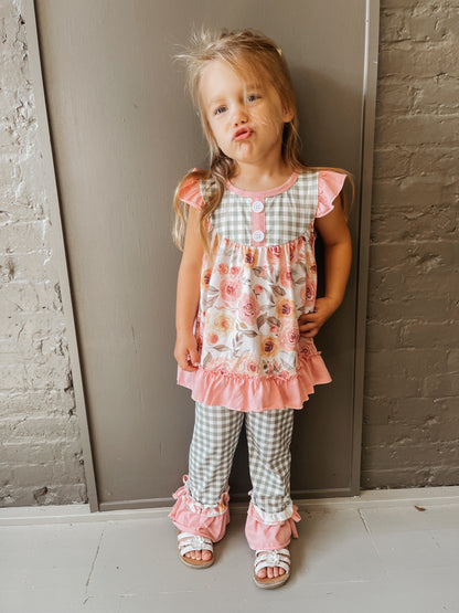 Pink & Sage Floral Ruffle Pants Set