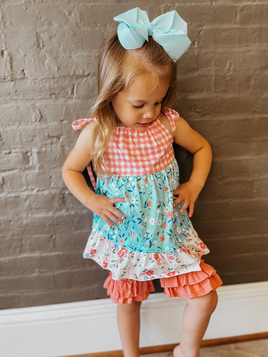 Plaid & Floral Print Tiered Ruffle Set