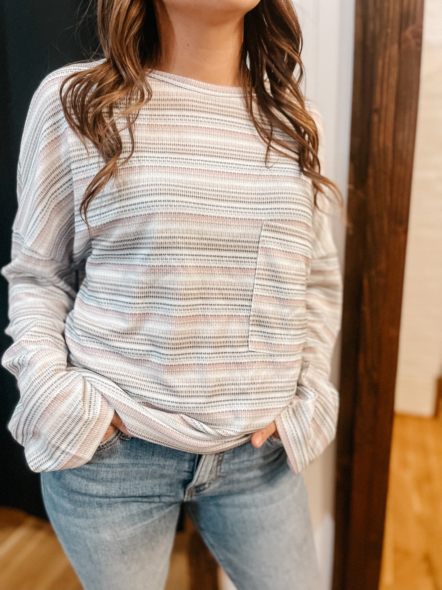 Stripe Long Sleeve Pocketed Top
