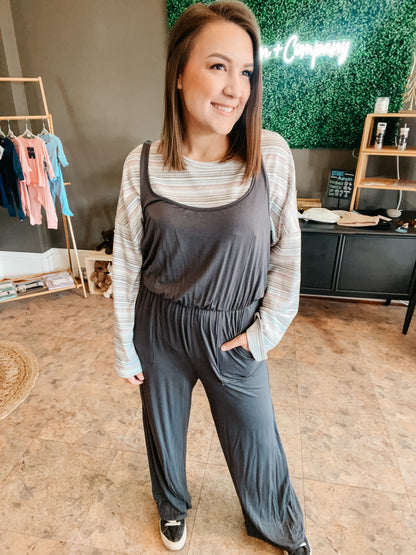 Shay Square Neck Model Jumpersuit: Charcoal