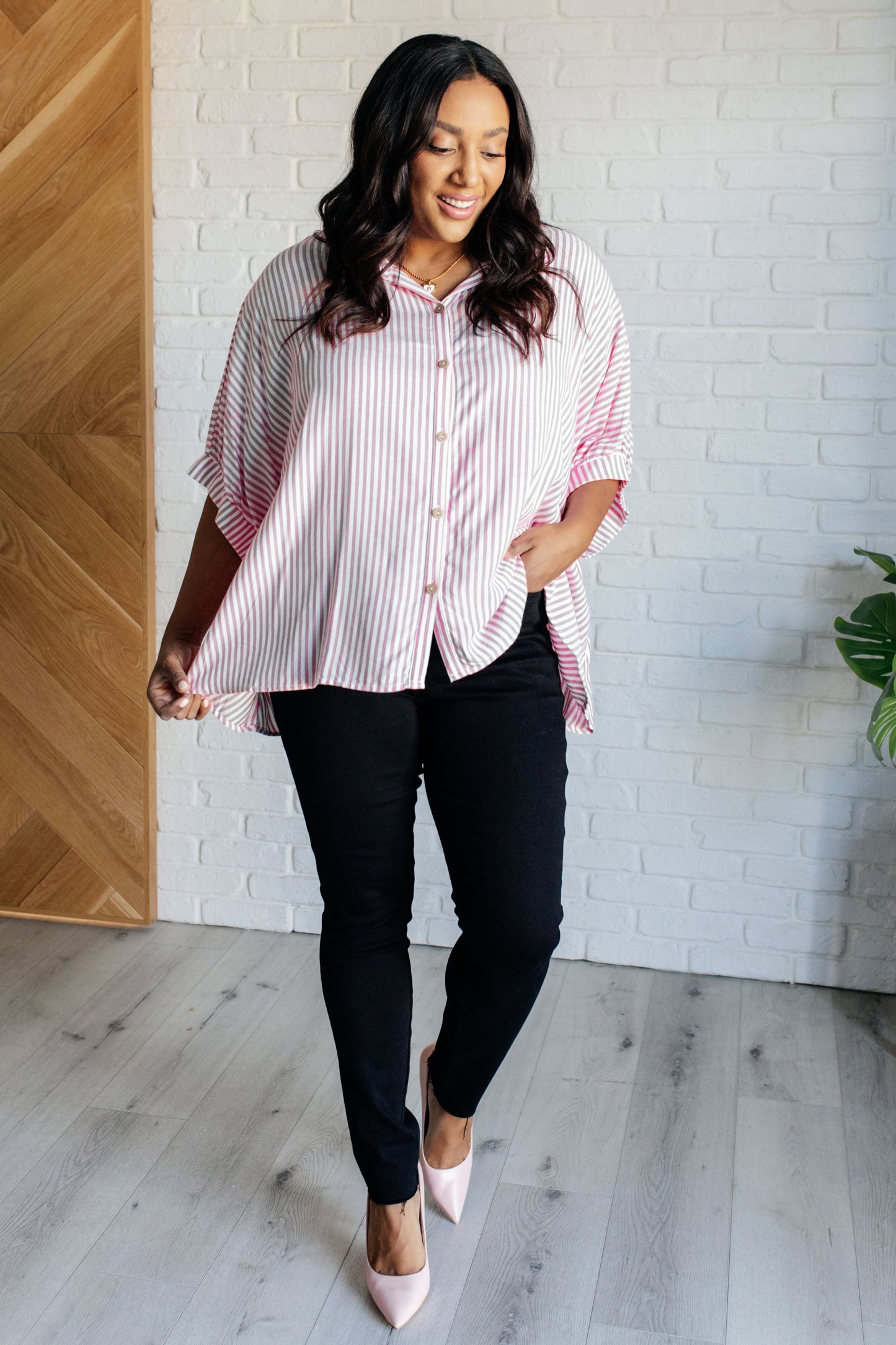 Boxy Striped Button Up in Hot Pink