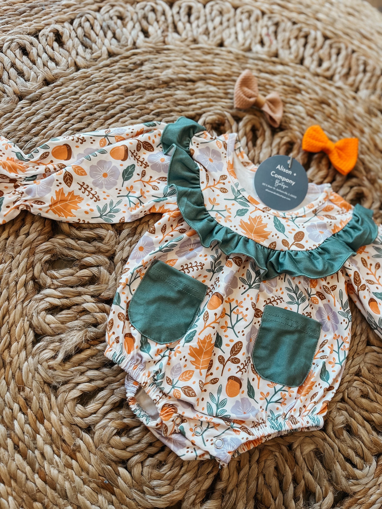 Green floral print pocket ruffle baby romper