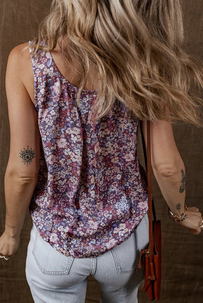Lavender Floral Pleated Button Tank