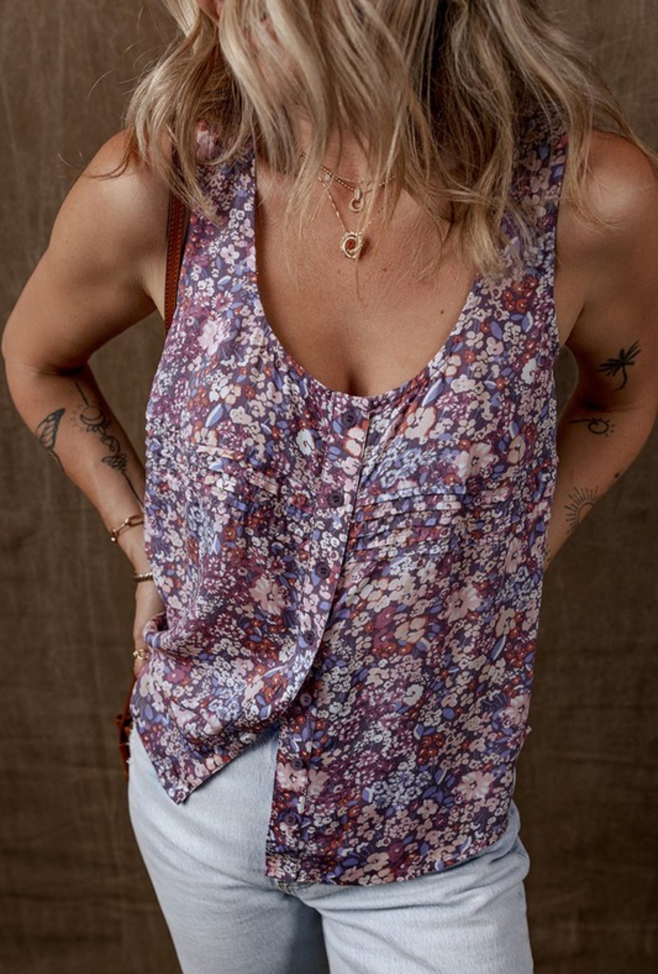 Lavender Floral Pleated Button Tank